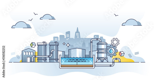 Sewage treatment plant for water purification and filtering outline concept. Waste storage and pollution cleaning with biological technology vector illustration. Dirty liquid sludge filtration station