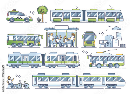 Public transportation types for passenger rides outline collection set. Train, bus, trolley or vehicle transport usage for urban movement around city vector illustration. Metropolis mobility elements.