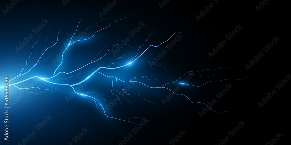 Realistic blue lightning effect on black background. Thunderbolt with rays of light. Thunderstorm natural phenomenon. Light effect. Vector illustration