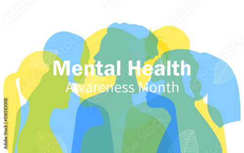 Mental Health Awareness Month. Women of different nationalities and religions together. Horizontal banner on a white background. Vector.