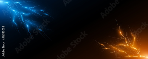 Realistic blue and yellow lightning effect on black background. Thunderbolt with rays of light. Template for your cover. Thunderstorm effect. Vector illustration