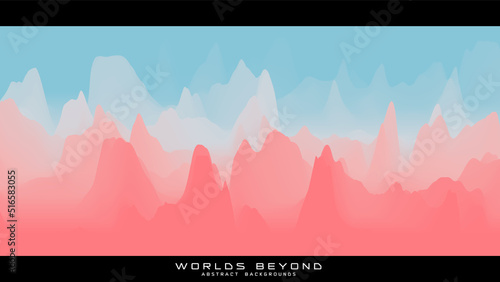 Abstract colorful landscape with misty fog till horizon over mountain slopes. Gradient eroded terrain surface. Worlds beyond.