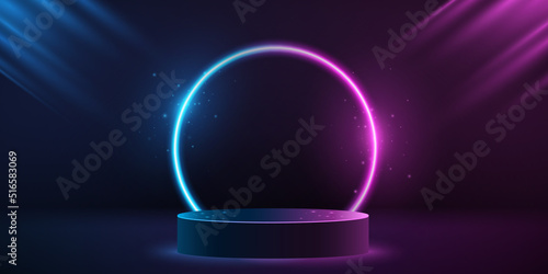 Purple and blue neon scene with glowing and sparkling neon frame. 3d podium to display your brand. Pedestal for your mockup. Abstract background. Vector illustration