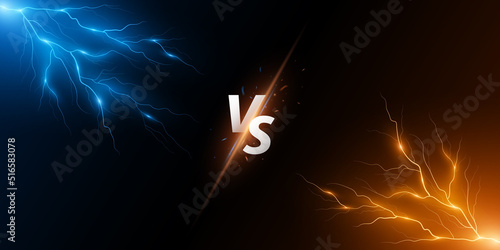 Versus background with thunderstorm effect. VS screen for sport games, match, tournament, martial arts. Sport banner. Blue and orange lightning with flashes of light. Vector