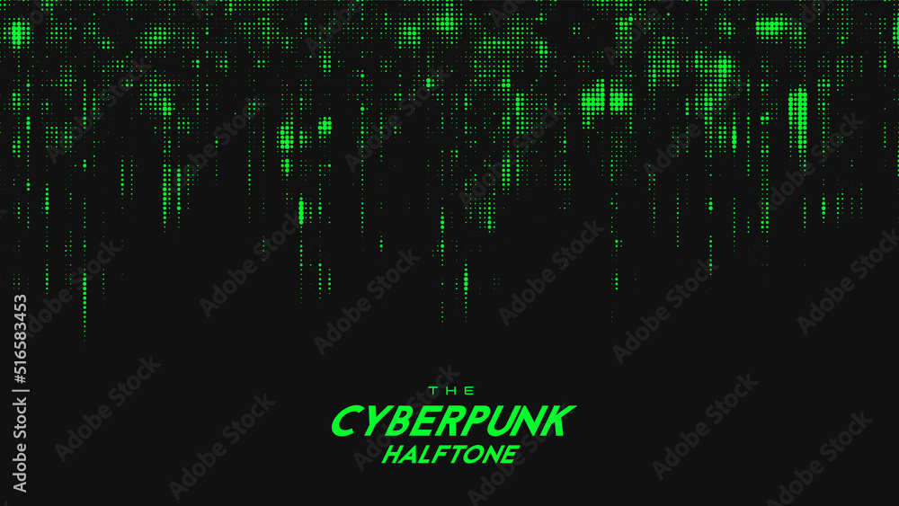 Fototapeta premium Abstract vector green cyberpunk halftone sound wave. Scrathed dotted texture element.