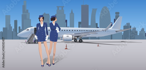 Two flight attendants meet passengers on the background of the aircraft. Vector.