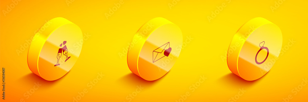 Set Isometric Glass of champagne, Envelope with Valentine heart and Wedding rings icon. Vector