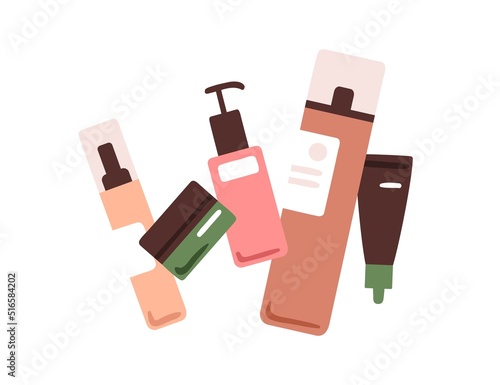 Beauty products in bottles, jars. Abstract cosmetic cleansing, moisturizing lotions, shampoos for hair styling, skin care. Cosmetics packages. Flat vector illustration isolated on white background