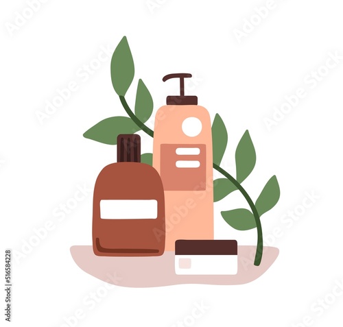 Organic eco cosmetic products in bottles, jars for hair care. Vegan green beauty cosmetics, packs of shampoo, conditioner, mask, gel composition. Flat vector illustration isolated on white background