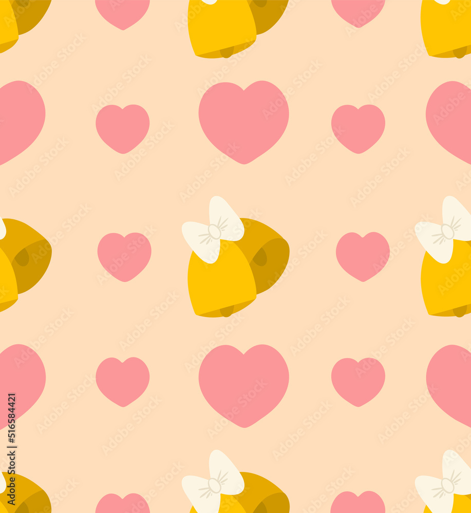 Concept of wedding cute pattern. Wedding pattern on colored background. Hearts and bells. Vector illustration. Design element