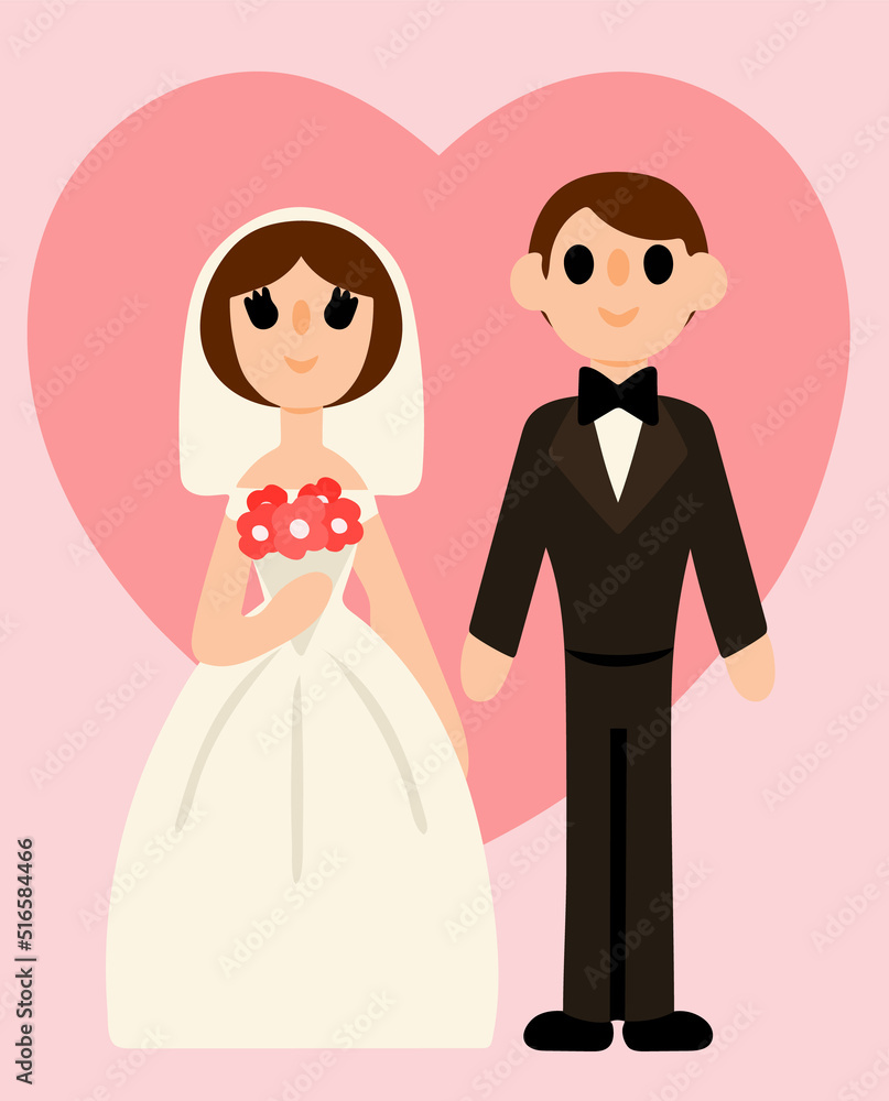 Lovely bride and groom on background of pink big heart. Colored background. Vector illustration. Design element Lovely bride and groom on background of pink big heart. Colored background. Vector illustration. Design element