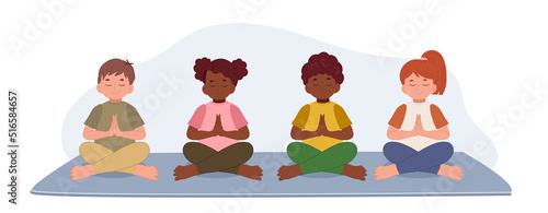 set of young kid are doing meditation.Flat vector cartoon character illustration.