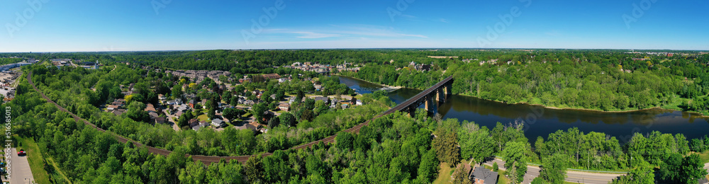 Aerial panorama of the Railway Bridge in Cambridge, Ontario, Canada