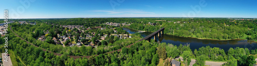 Aerial panorama of the Railway Bridge in Cambridge, Ontario, Canada
