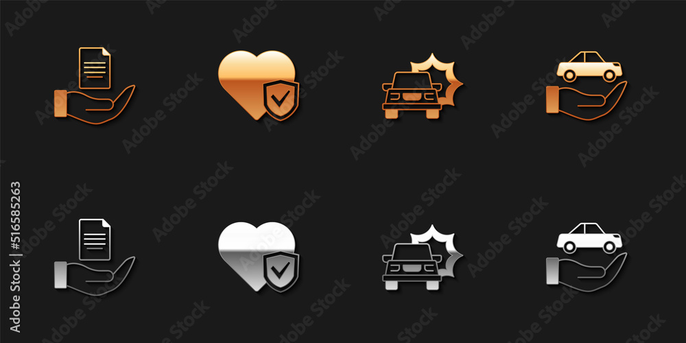 Set Contract in hand, Life insurance with shield, Car accident and icon. Vector Set Contract in hand, Life insurance with shield, Car accident and icon. Vector