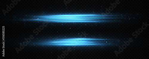 Set of blue horizontal lens flares pack. Laser beams, horizontal light rays. Exploding stars with scattered shining highlights.