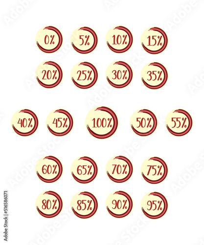 Stickers round from 0 to 100 percent  label  icons  logo  discounts  composition  share  sale  tag  template. Isolated  white background.