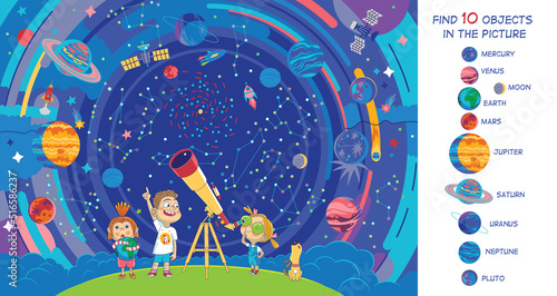 Children in the planetarium are looking at the starry sky. Vector illustration. Find 10 objects in the picture. Funny cartoon characters.