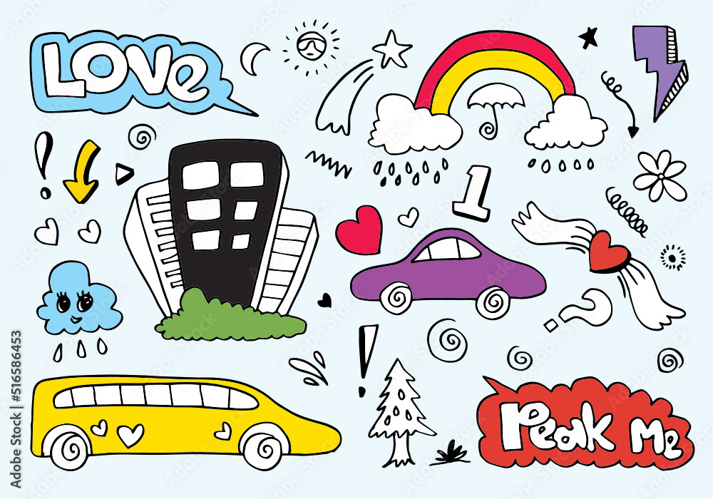 Fototapeta premium hand-drawn colorful doodle set on blue background.