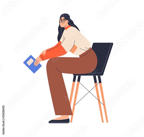 Girl student sitting on chair with academic book in hands. Smart woman reader in glasses with university literature, preparing for exam, studying. Flat vector illustration isolated on white background