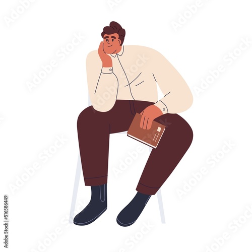 Person sitting, holding book, thinking, dreaming. Thoughtful inspired man leaning head on hand. Literature reader thinker in thoughts, ideas. Flat vector illustration isolated on white background