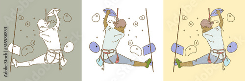 Person climbing rock wall. Set of different styles hand drawn flat vector illustration isolated on colored background. National Mountain Climbing Day.