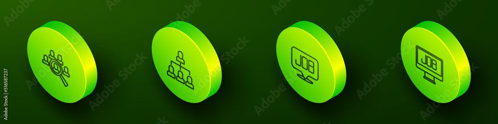 Set Isometric line Magnifying glass for search job, Employee hierarchy, Search and icon. Vector Set Isometric line Magnifying glass for search job, Employee hierarchy, Search and icon. Vector