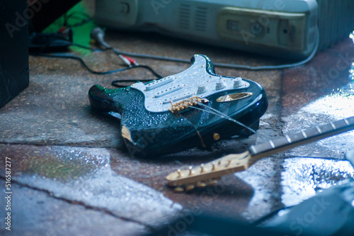 Photos musical instruments and stage and musical equipment broken after concerts