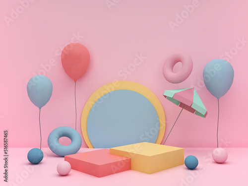 Step stage podiums with colorful pastel color decoration on pink background. Pedestal for kid product presentation. Geometric 3D render photo