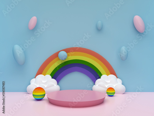 Round stage step podiums with rainbow on pastel blue background. Pedestal for kid product presentation. Geometric 3D render photo