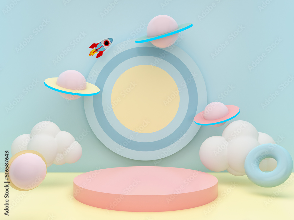 Step stage podium with colorful saturns and rocket on pastel blue background. Pedestal for kid product presentation. Geometric 3D render