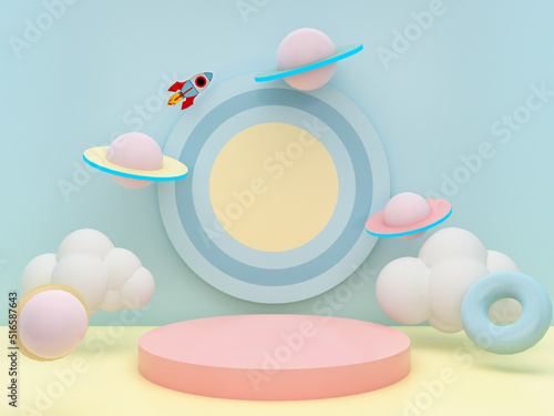 Step stage podium with colorful saturns and rocket on pastel blue background. Pedestal for kid product presentation. Geometric 3D render photo