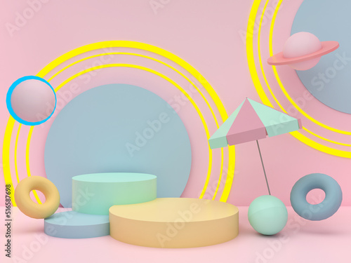 Geometric podiums with colorful pastel color decorations on pink background. Pedestal for kid product presentation. Geometric 3D render photo