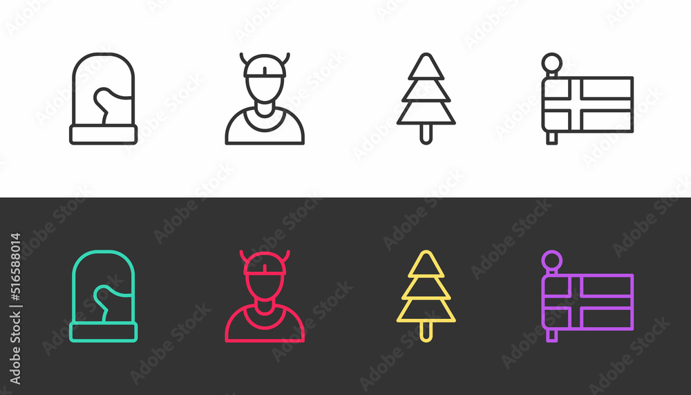 Set line Christmas mittens, Viking head, Tree and Flag of Iceland on black and white. Vector Set line Christmas mittens, Viking head, Tree and Flag of Iceland on black and white. Vector