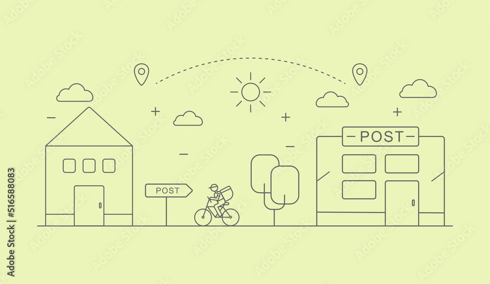 Fototapeta premium The delivery man rides a bicycle from the client to the post office building