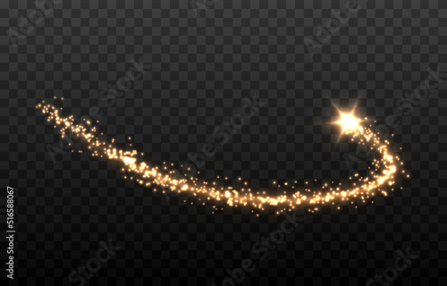 Vector magic dust trail png. Gold dust, golden light on an isolated transparent background. Christmas dust. Light trail, light effect png.