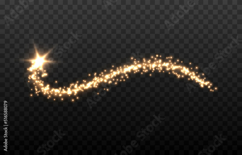 Vector magic dust trail png. Gold dust, golden light on an isolated transparent background. Christmas dust. Light trail, light effect png.