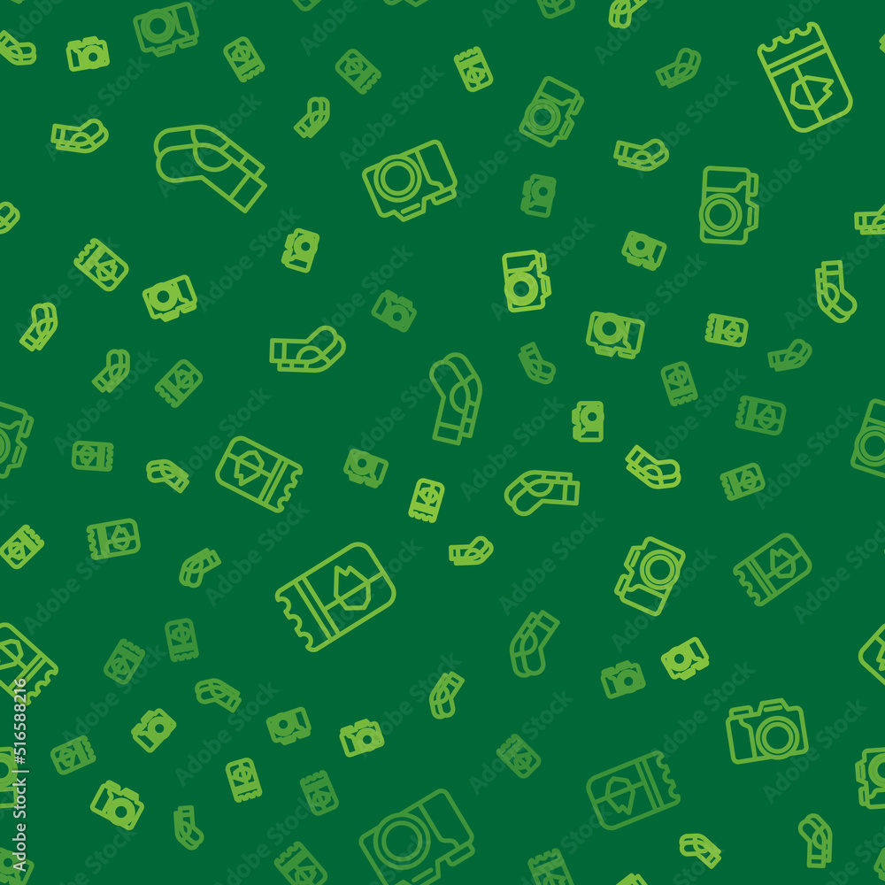 Set line Socks, Ticket in Iceland and Photo camera on seamless pattern. Vector Set line Socks, Ticket in Iceland and Photo camera on seamless pattern. Vector