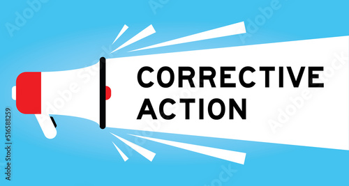 Color megaphone icon with word corrective action in white banner on blue background
