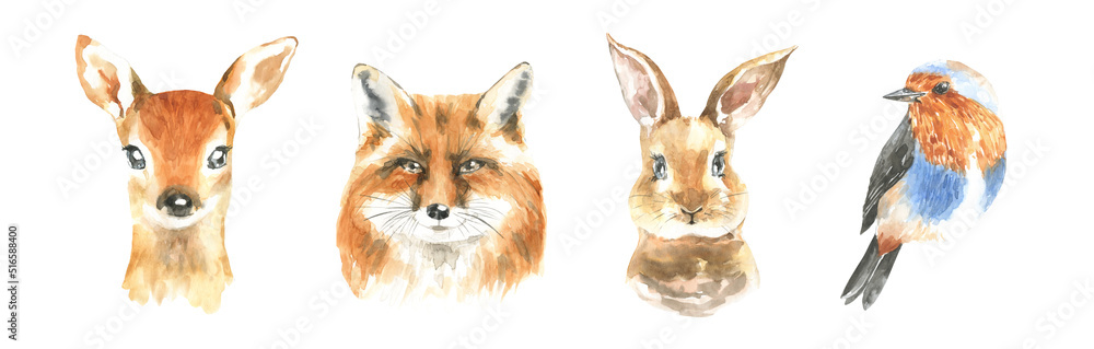 Obraz premium Watercolor woodland boho animal set of forest isolated cute deer, fox,bunny,bird illustration.Baby animals with flower frame and color splashes. Nursery animal portrait for baby shower, greeting