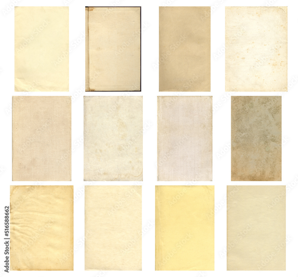 Paper and textile textures set. Blank old pages with rough faded surface. Perfect for background and vintage style design. Empty place for text.
