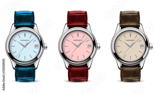 Realistic watch clock silver leather strap blue red brown collection on white design classic luxury vector
