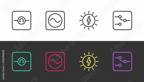 Set line Ohmmeter, AC voltage source, Solar energy panel and Switch in electronic circuit on black and white. Vector