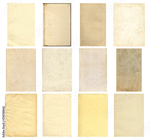 Paper and textile textures set. Blank old pages with rough faded surface. Perfect for background and vintage style design. Empty place for text.