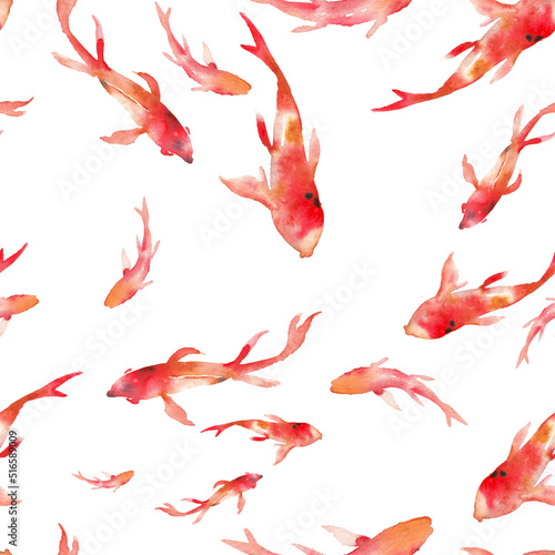 Watercolor rainbow carp pattern. Seamless oriental texture with isolated hand drawn fishes. Underwater wildlife repeating background. Artistic illustration