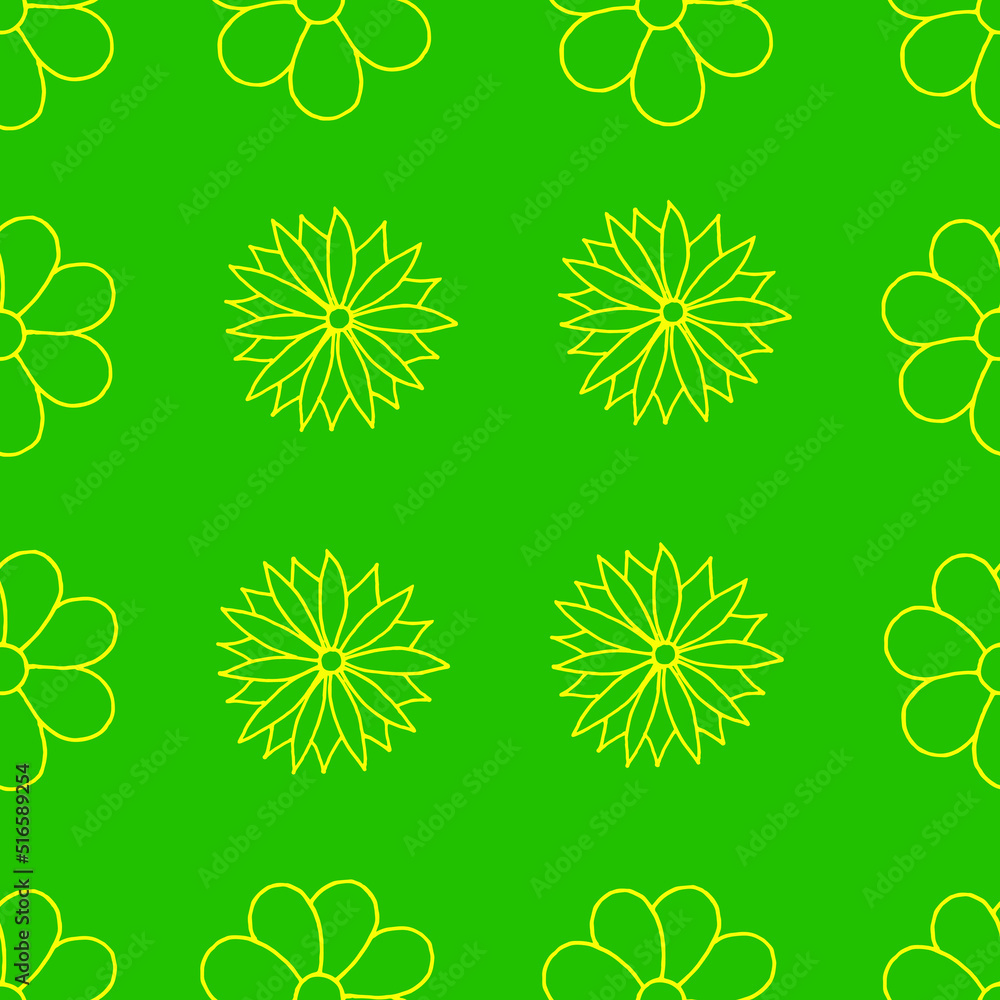 Floral background. Flower pattern. Flower drawn with yellow marker on green paper. Seamless floral backdrop.