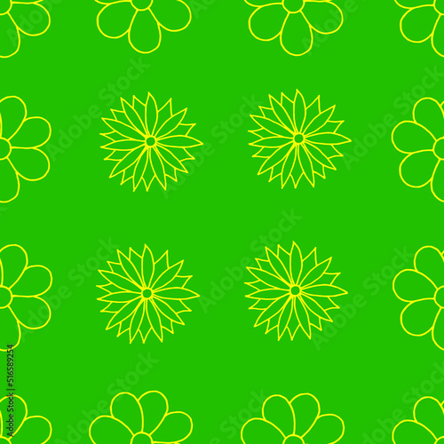 Floral background. Flower pattern. Flower drawn with yellow marker on green paper. Seamless floral backdrop.