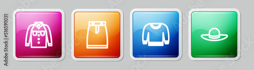Set line Shirt, Skirt, Sweater and Elegant women hat. Colorful square button. Vector