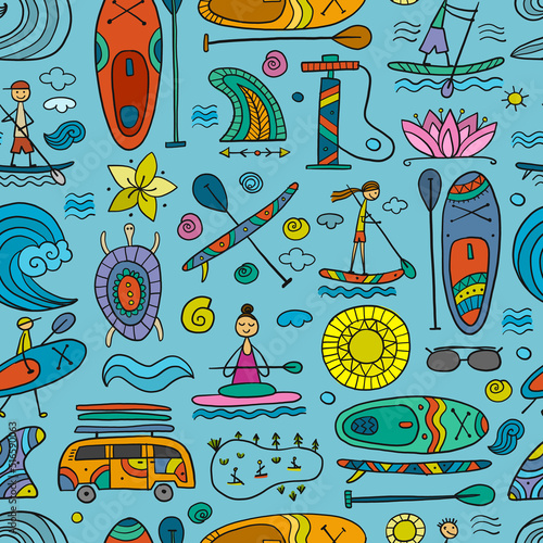 SUP boarding seamless pattern. Stand up paddling background for your design. People on paddle boards and equipment