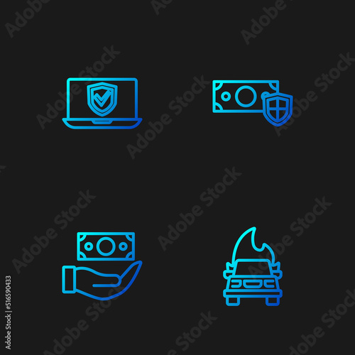 Set line Burning car, Money with shield, Insurance online and . Gradient color icons. Vector © Kostiantyn